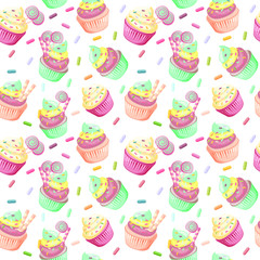 Delicious cute cupcakes vector illustration seamless pattern, isolated cartoon style muffin desserts.