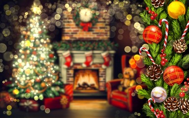 Fototapeta premium Christmas wreath with decorative ornaments on blurred background beautifully decorated room in the style of Christmas, symbol of Christmas and new year, greeting card, art illustration painted with