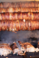 Turkish traditional food Kokorec roasting on the fire