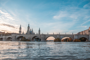 Zaragoza November 29, 2019, Rio Ebro as it passes through the city of Zaragoza