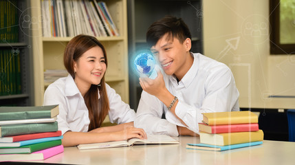 Group of young asian friends meeting in library room. Education workshop class, Asian knowledge...