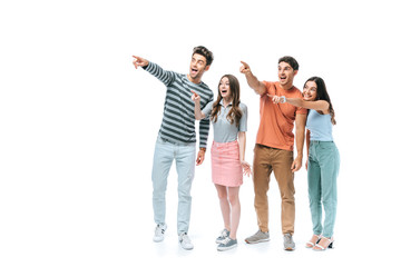 excited friends pointing at something isolated on white