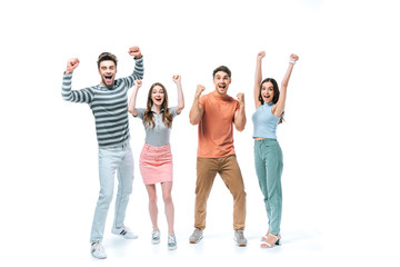 excited friends yelling and celebrating triumph, isolated on white