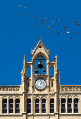 Ancient Clock on Bell Tower with flock of birds over the Narbonne city hall, tour of downtown. Medieval architecture and landmarks on the South of France, french province of Languedoc-Roussillon.