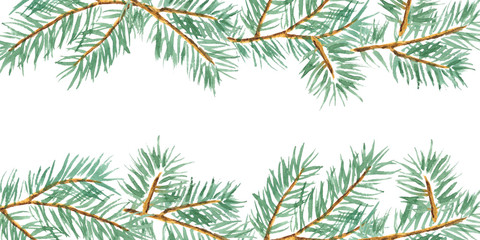 Christmas and New Year watercolor horizontal arranging of spruce