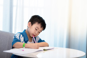 Asia boy wear white T-shirt and cover with two tone of shirt is doing homework. He used pencil and writing on a book. The boy is thinking, happily and funny, family and learning concept