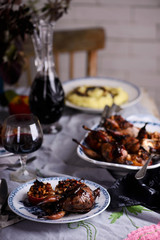ROAST PARTRIDGE WITH HONEY-ROAST APPLES..style vintage