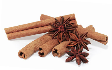Cinnamon and star anise isolated on white background