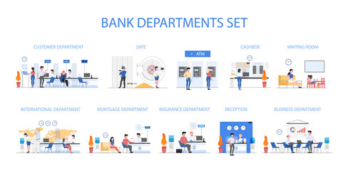 Bank departments set. People make financial operations in bank department.