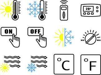Climate control icons. Heating, ventilating and air conditioning symbols. Water supply. Climate control technology signs. Sun and snowflake symbol. Vector