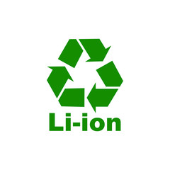 Lithium Ion and recycle symbol. Concept of battery recycling. Flat icon. Isolated on white background. 
