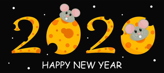 Year of the Rat. New year 2020. In cartoon style. Greetings card, invitation, posters, banners, calendar, print.