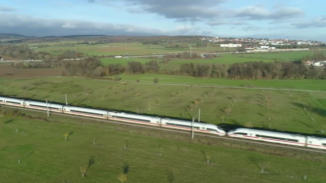 Aerial view, drone footage of passing highspeed train