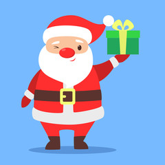 Happy funny Santa Claus in red clothes holding gift box.