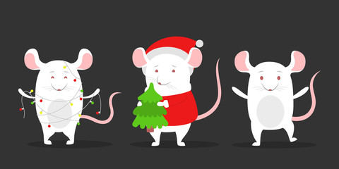 Cute christmas rat set. Animal character holding festive stuff.
