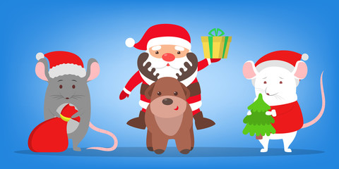 Santa Claus in red clothes sitting on reindeer and holding gift box.