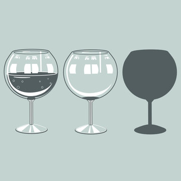 Two Transparent Wide Cocktail Glasses For Wine With Olives On A Skewer Inside For Wine, One Empty And The Other With A Drink Inside, And The Same Silhouette