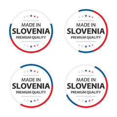 Set of four Slovenian icons, English title Made in Slovenia, premium quality stickers and symbols, internation labels with stars, simple vector illustration isolated on white background