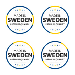 Set of four Swedish icons, English title Made in Sweden, premium quality stickers and symbols, internation labels with stars, simple vector illustration isolated on white background