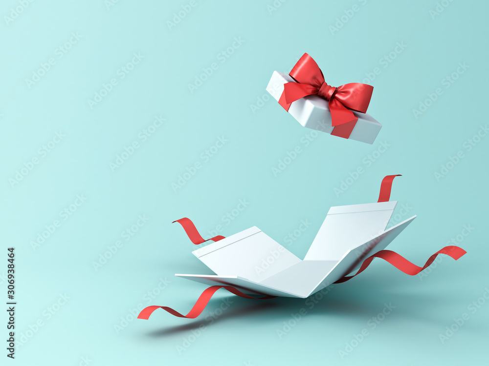 Aufkleber open present box or gift box with red ribbons and bow isolated on green blue pastel color background