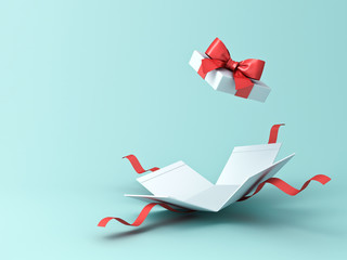Open present box or gift box with red ribbons and bow isolated on green blue pastel color background with shadow 3D rendering - obrazy, fototapety, plakaty