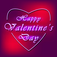 Happy valentines day neon text with love sign on pink background. Vector
