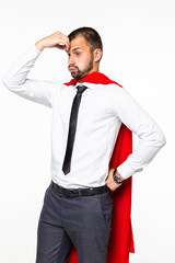 Confused business man super hero isolated on white background