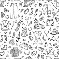 Spring and summer fashion clothes seamless pattern. Hand drawn doodle women clothing Vector background
