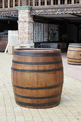 Close-up of large wooden barrels