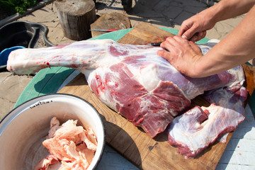 male hands cut, cut meat raw meat