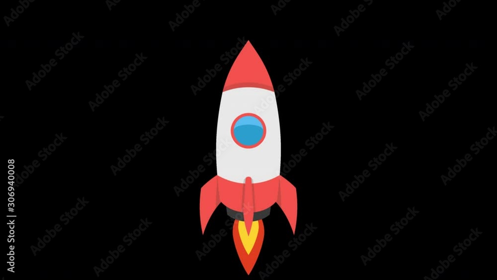 Poster cartoon rocket ship flying up. loop animation in alpha channel. 4k resolution.