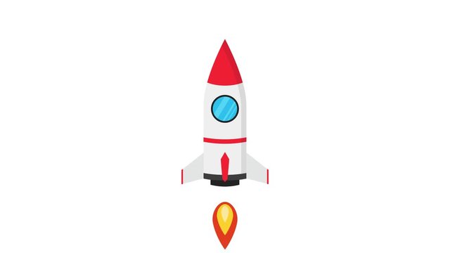 Cartoon rocket ship flying up on white background. Loop animation. 4K resolution. 