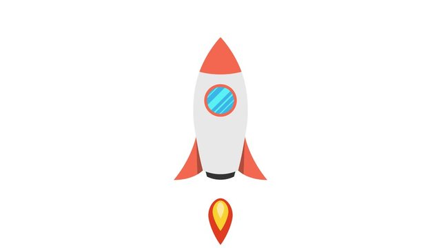 Cartoon rocket ship flying up on white background. Loop animation. 4K resolution. 