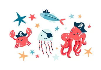 Fotobehang Piraten Piraat vis illustraties set. Onderzeese wereldbewoners die piraatooglapjes en zwarte bandana& 39 s dragen die op witte achtergrond worden geïsoleerd. Octopus krab en kwallen kleurrijke stripfiguren collectie.