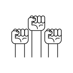 Obraz premium Raised fists. Protesters hands. Crowd of people. Outline thin line flat illustration. Isolated on white background. 