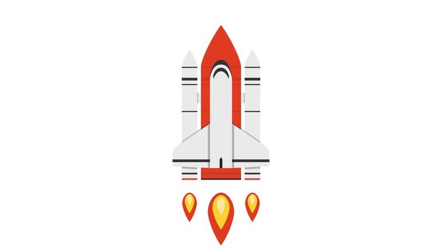 Cartoon rocket ship flying up on white background. Loop animation. 4K resolution. 