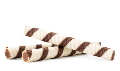 Waffle tubes with chocolate filling on a white background. Isolated