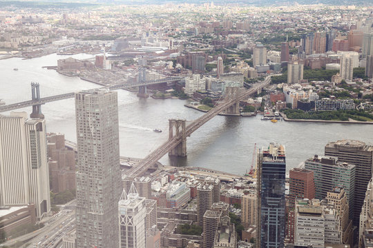 NEW YORK,USA- JUNE 18,2018:Aerial view of building and Brooklyn bridge in new york city from one world trade building.