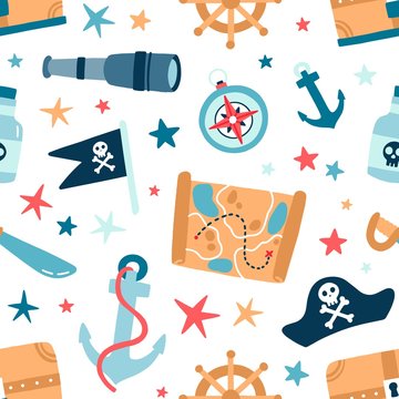 Pirate sea flat vector seamless pattern