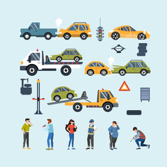 Fototapeta premium Set of car accident and road assistance concept elements. Motor Insurance. Flat vector illustration.
