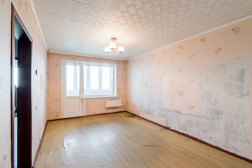 Russia, Moscow- August 01, 2019: interior room apartment. decrepit old careless not modern setting. cosmetic repairs required