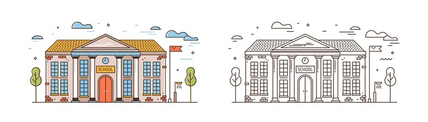 School linear vector illustration. Modern educational institution exterior isolated on white background. Primary education building. Academic campus with flag outline design element. © Good Studio