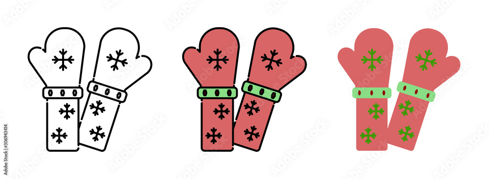Poster mitten and snowflake icon set isolated on white background for web design