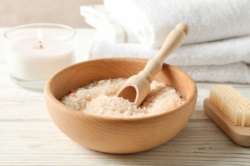 Composition with spa accessories on white wooden background, closeup