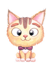 Cute cartoon cat with a bow with a big head and cute eyes on a white background