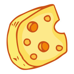 Cheese icon. Vector illustration of cheese with holes. Hand drawn piece of cheese with big holes.
