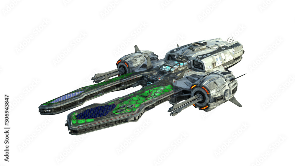 Sticker alien ufo spaceship, spacecraft in flight isolated on white background, 3d rendering