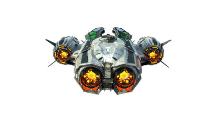 Alien UFO spaceship, spacecraft in flight isolated on white background, back view, 3D rendering