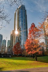 Vertical low angle shot of a high-rise building in Vancouver, Canada