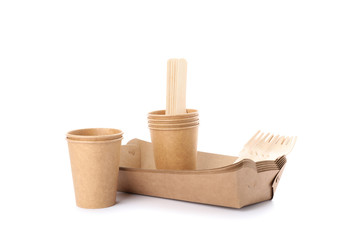 Eco - friendly tableware isolated on white background. Disposable dishes